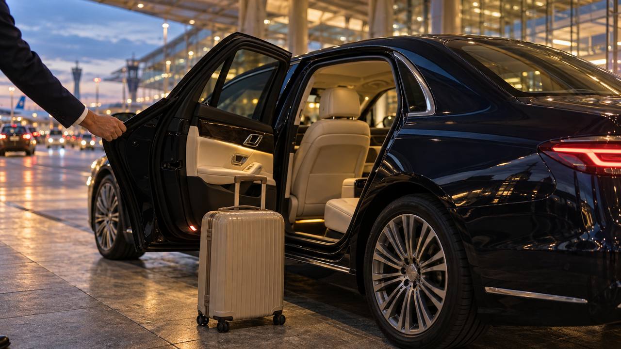 A driver opens the door of a dark car for an arriving guest with luggage