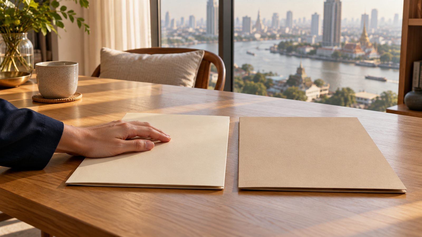 Two document folders side by side on a wooden table, one hand resting on one of them