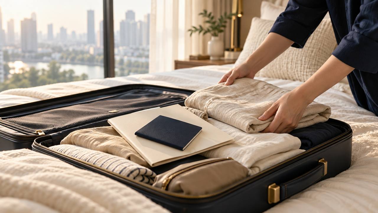 An open suitcase on a bed with a folder of documents and a passport on top