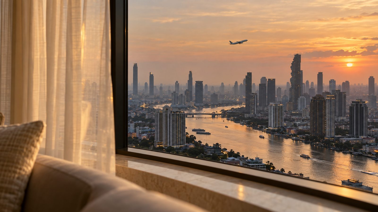 A plane crossing an evening sky over the Bangkok skyline, seen from a hotel window