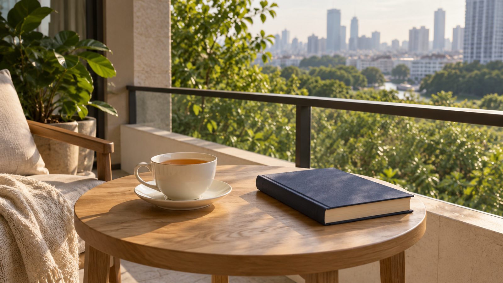 A cup of tea and a closed book on a balcony table, green trees beyond
