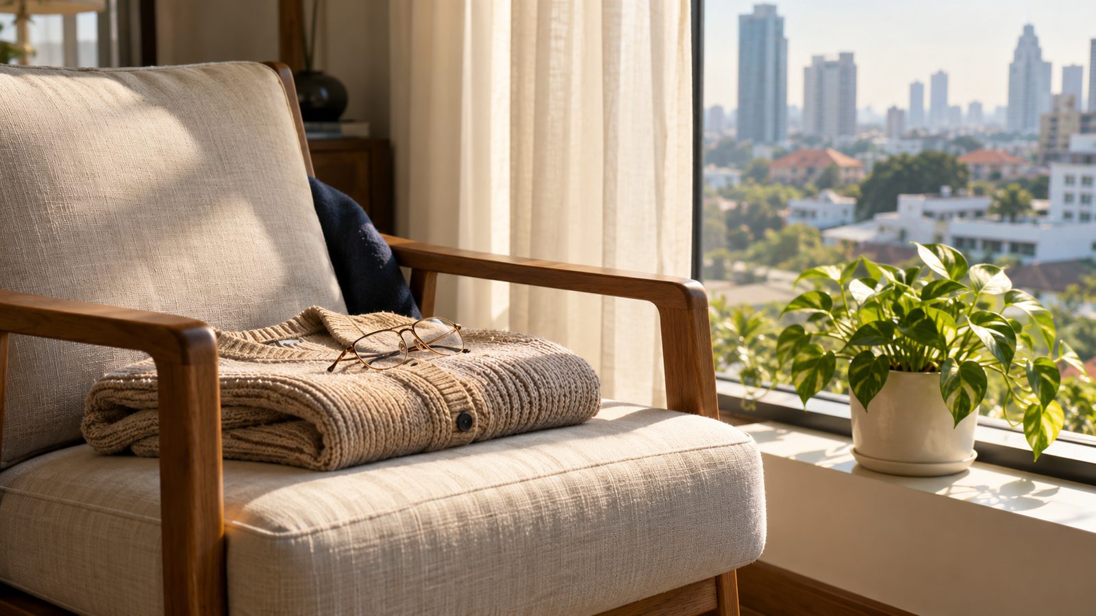 Reading glasses and a folded cardigan on a chair by a sunny window