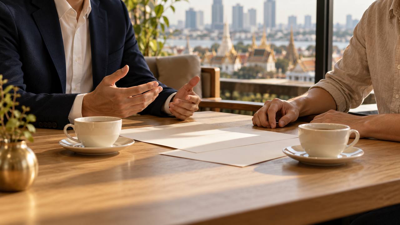 Two people at a table, seen from the shoulders down, papers and coffee cups between them