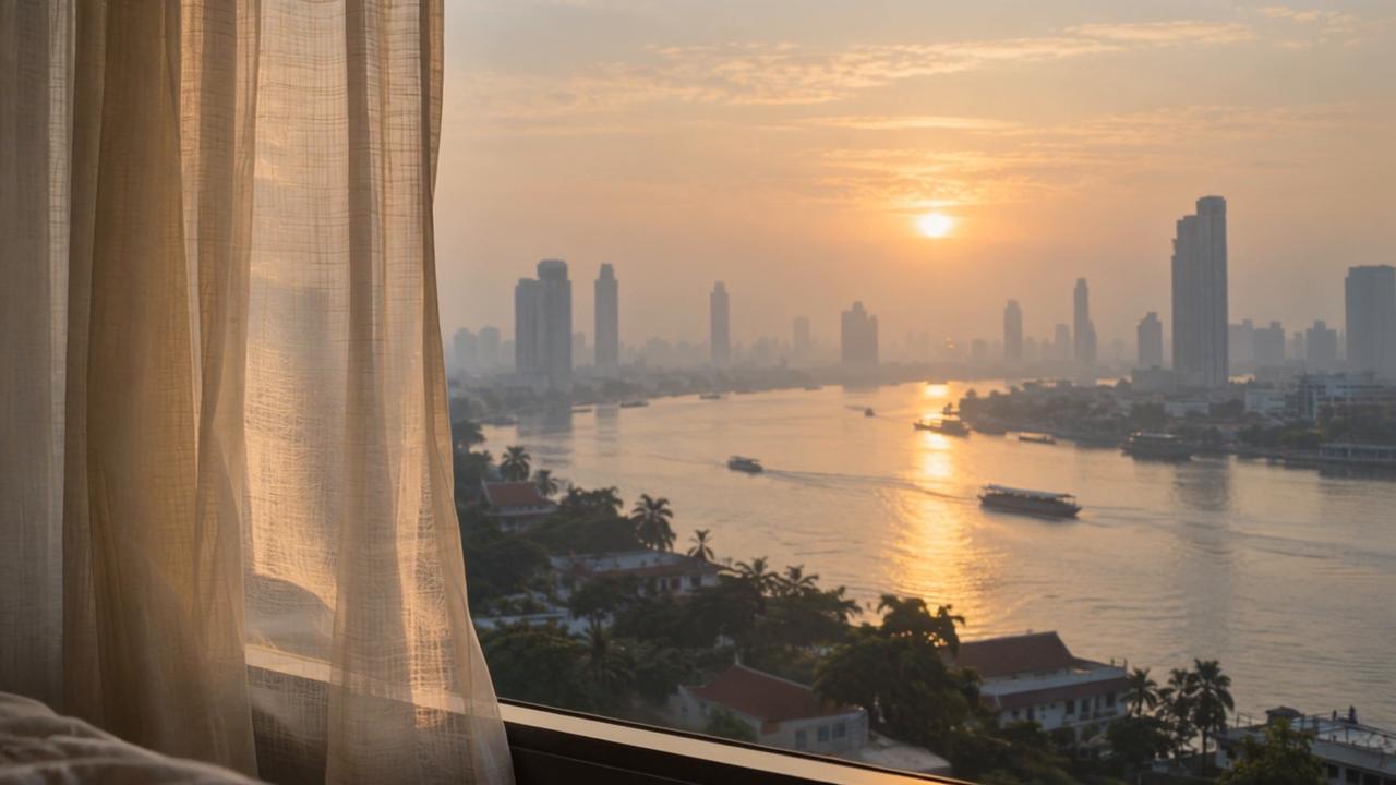 Sunrise over the Chao Phraya River and the Bangkok skyline, seen from a window