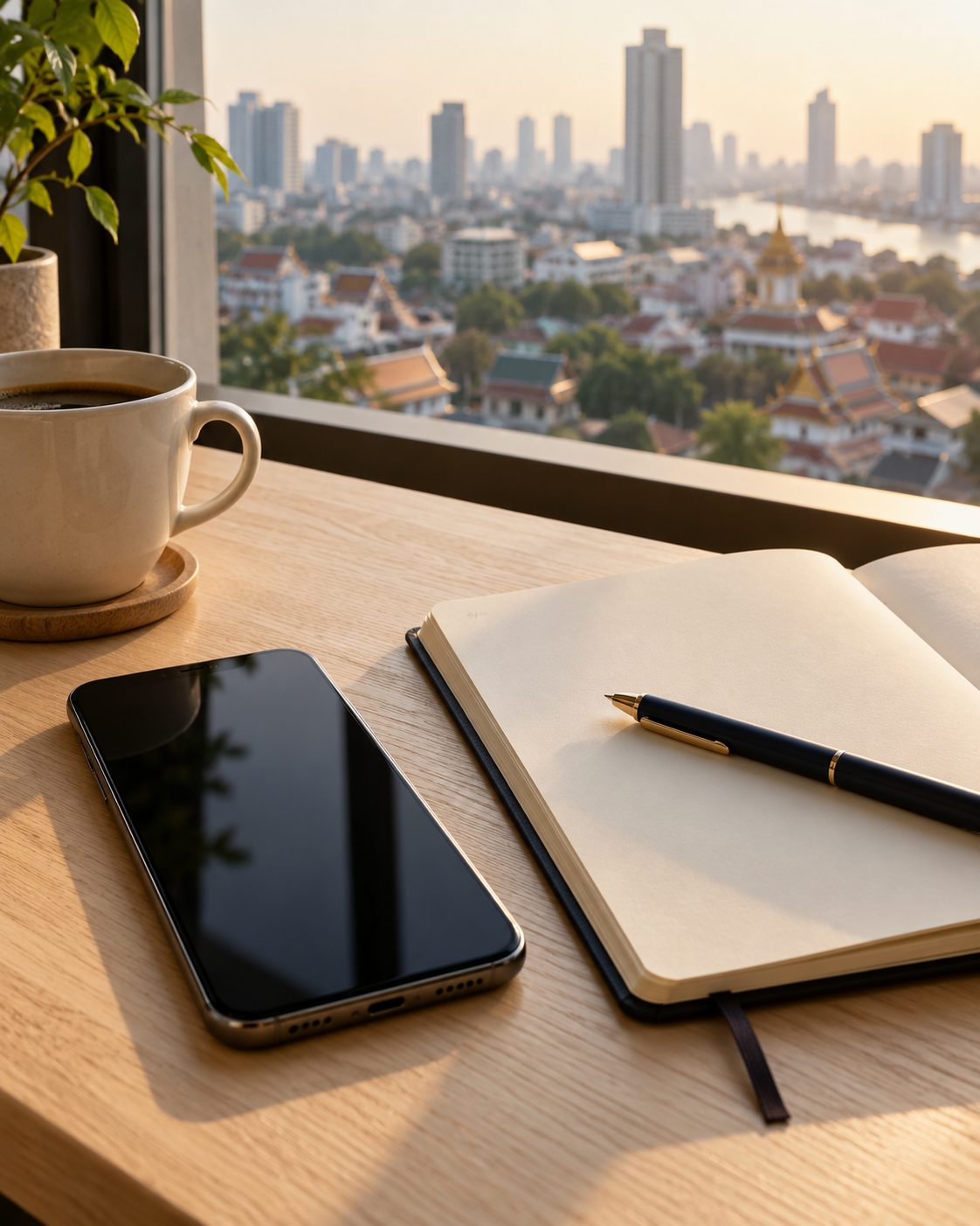A phone and an open notebook on a desk by a window overlooking Bangkok in morning light