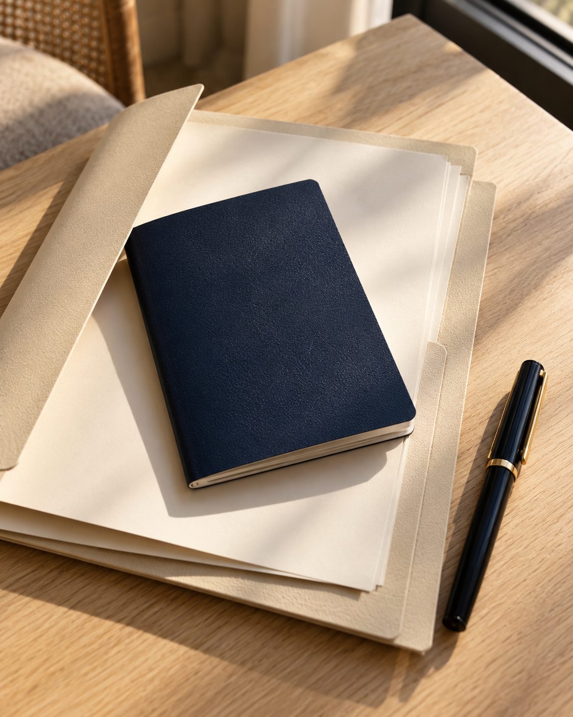 A navy passport resting on a cream document folder, with a pen beside it