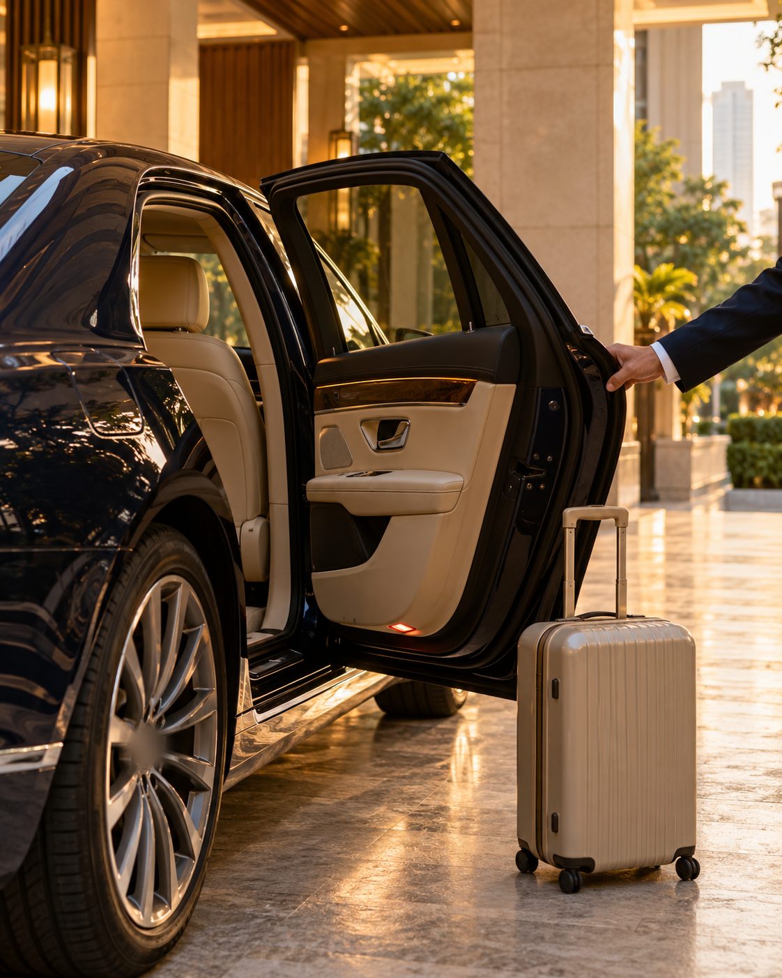 A car door held open at a hotel entrance at golden hour, a suitcase beside it
