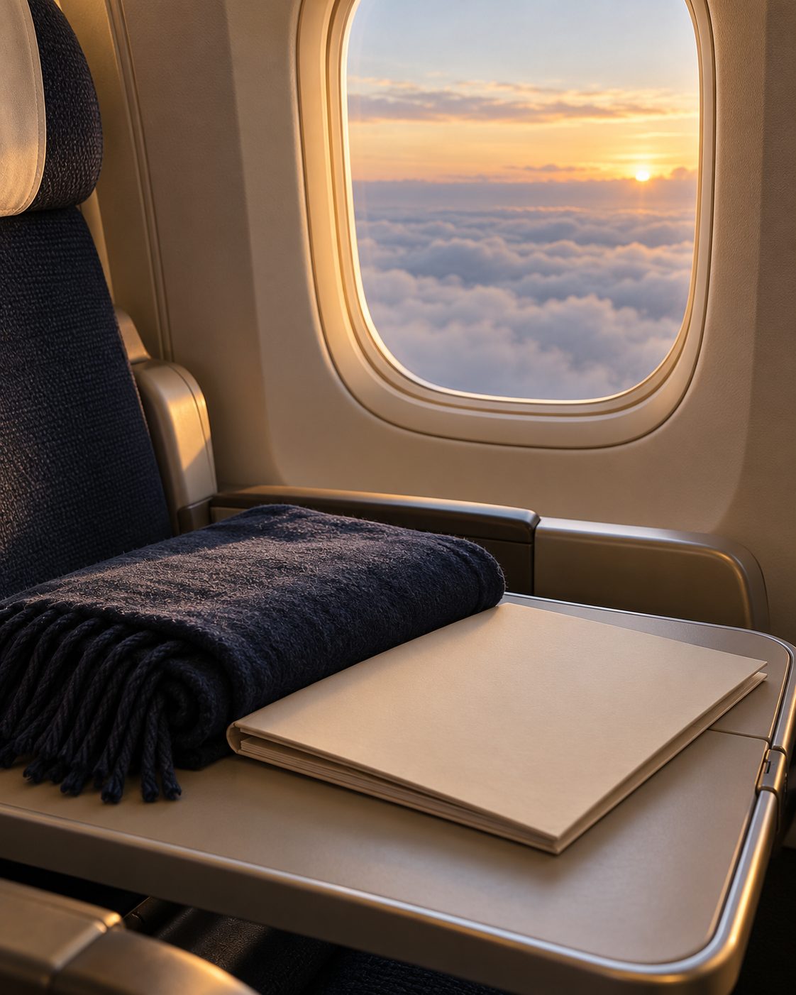 An aircraft window at dawn, with a folded blanket and a closed folder on the seat tray