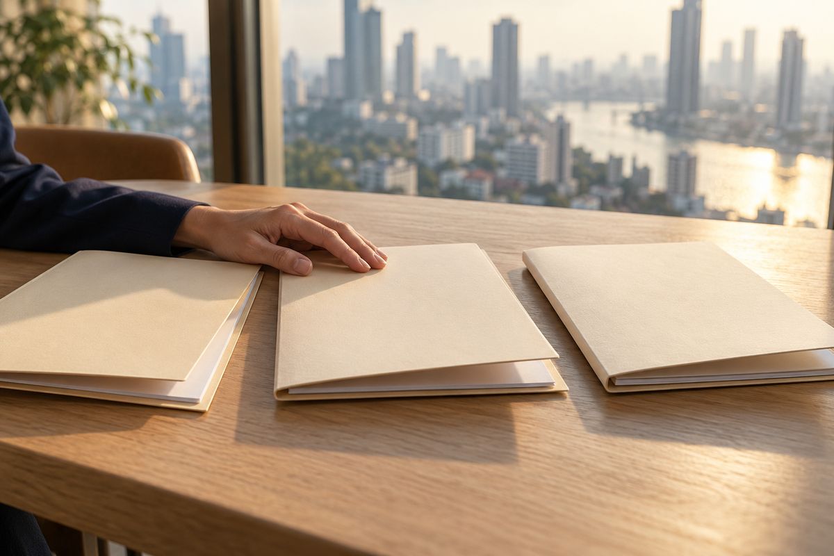 Three blank folders side by side on a wooden table in morning light, overlooking Bangkok
