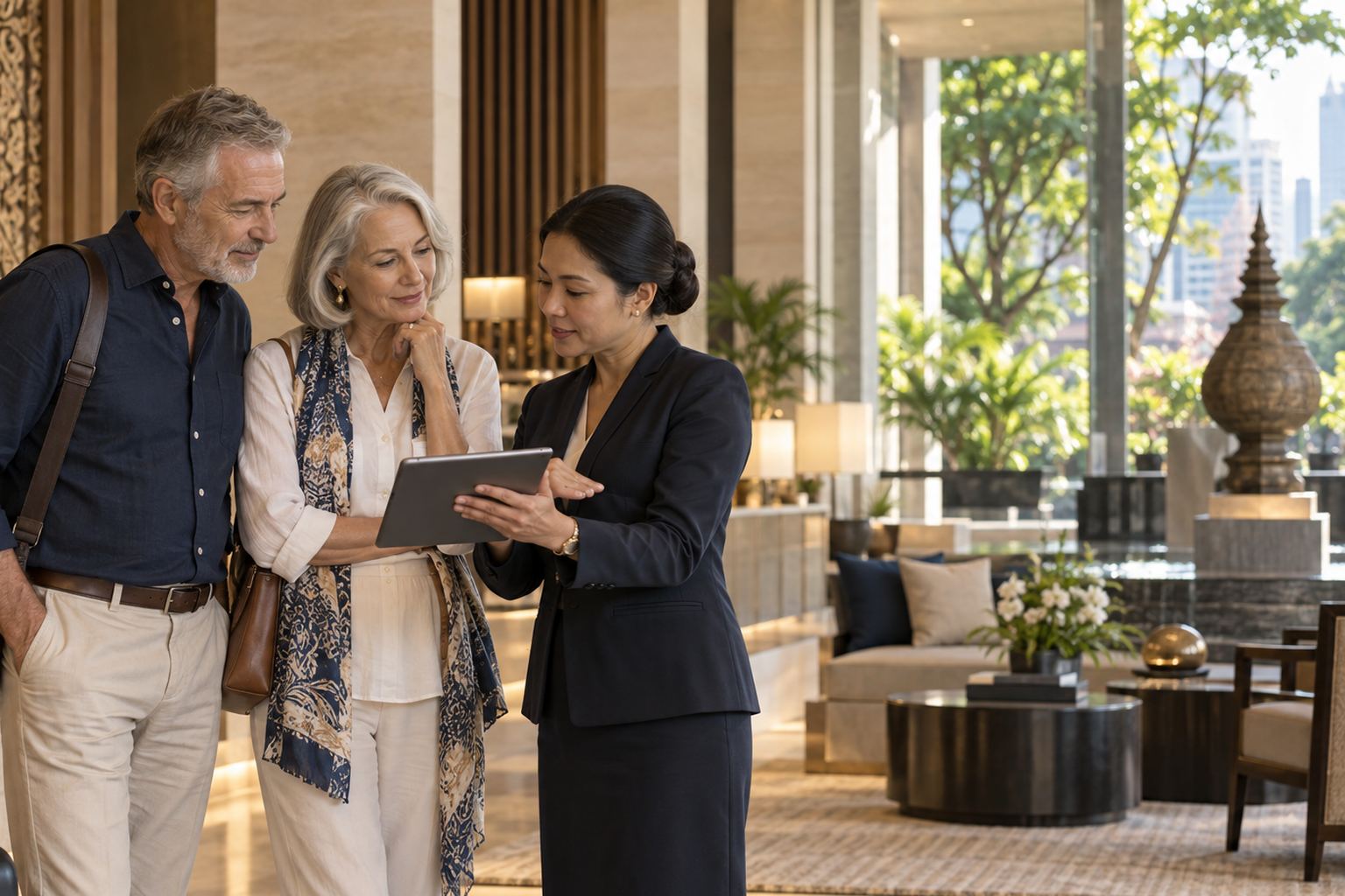 A coordinator with a tablet talks with a couple in a hotel lobby