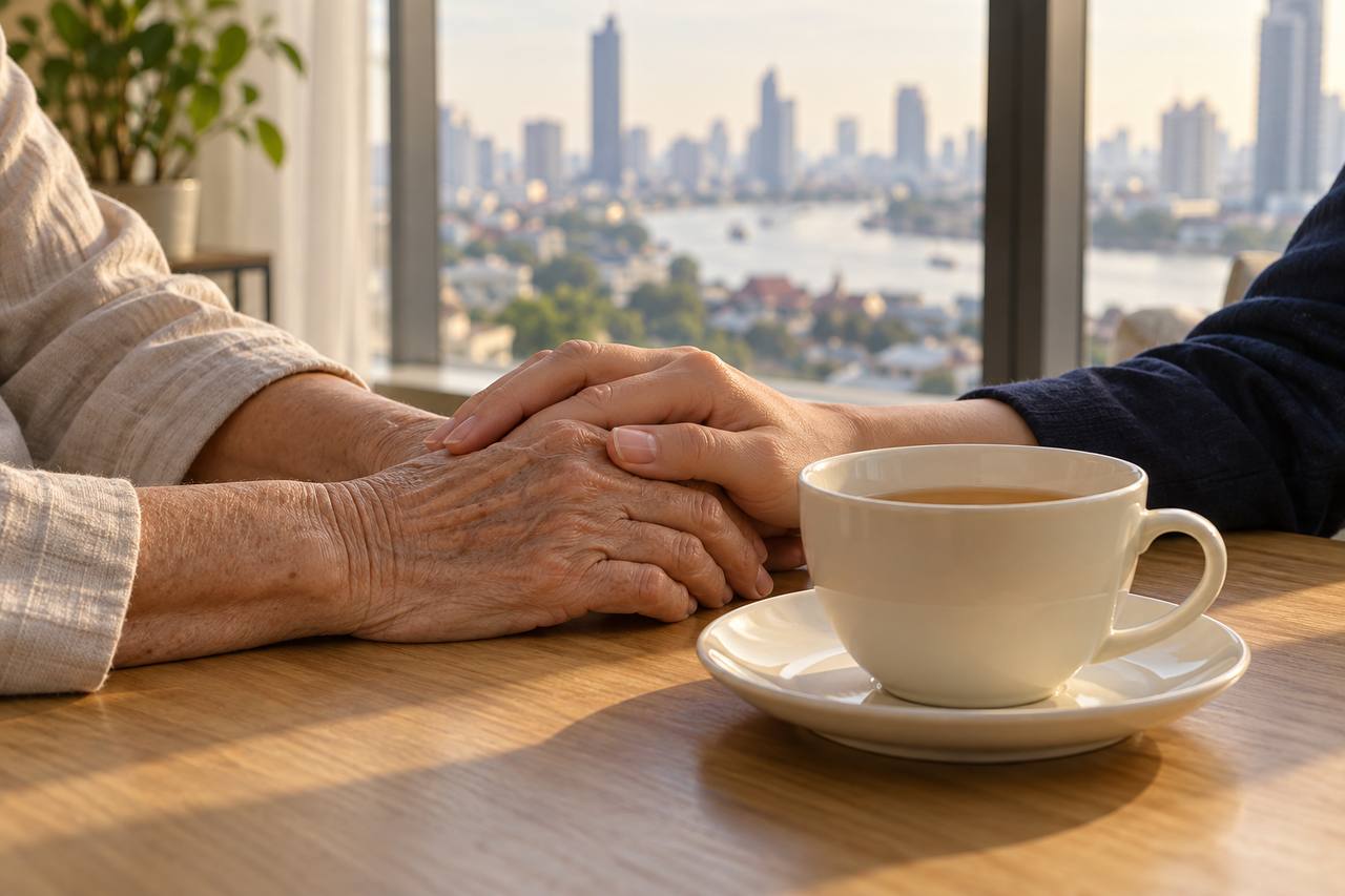 Two people hold hands beside a cup of tea at a window in Bangkok