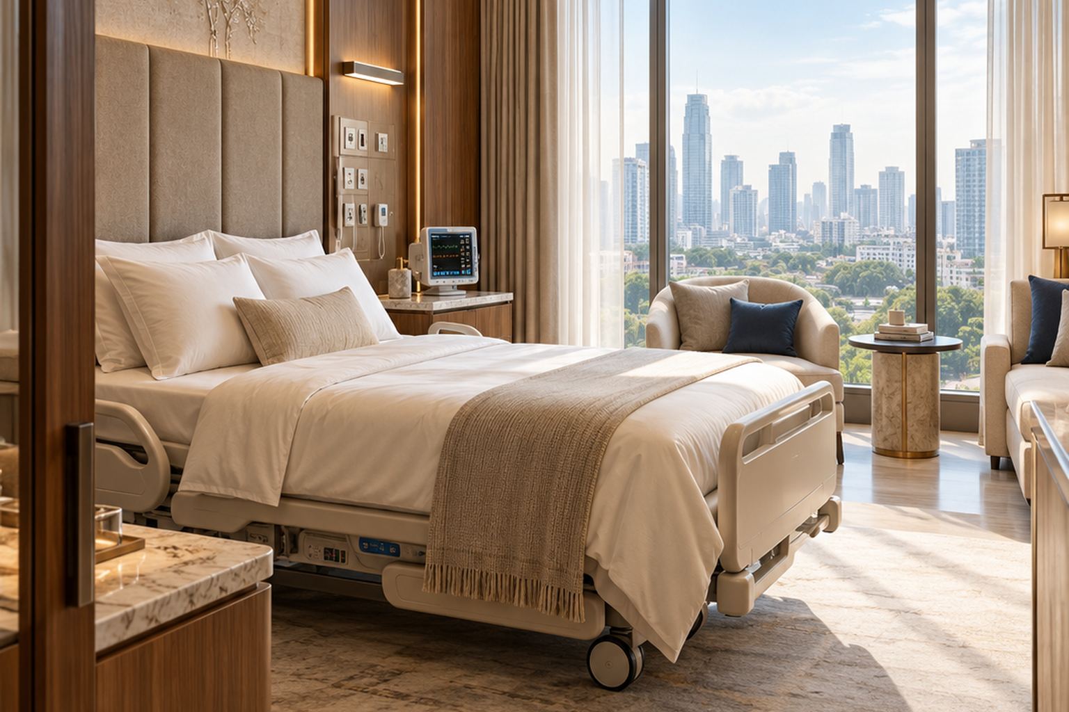 A bright private hospital room with a bed and a view of the city